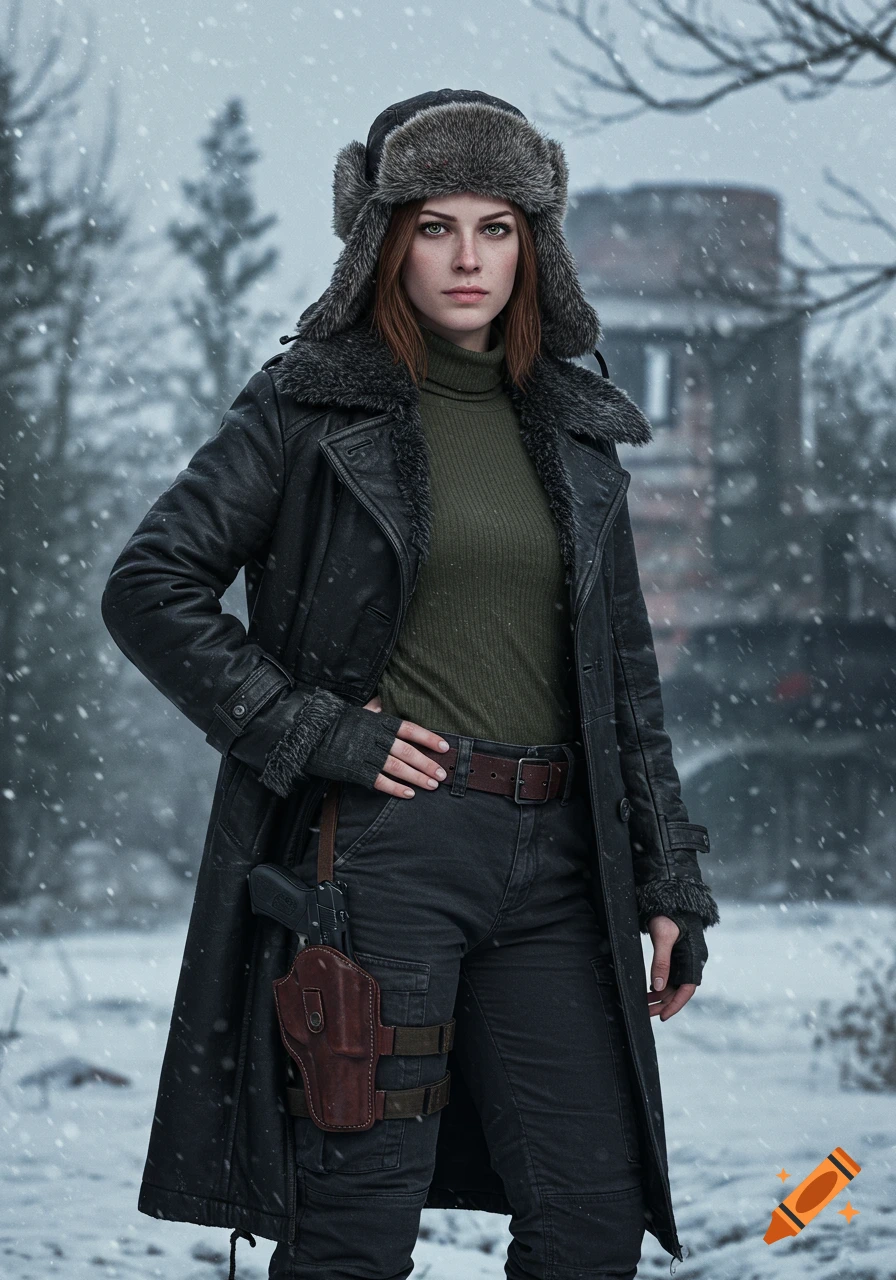 A photorealistic portrait of a woman in a fur-lined trapper hat and leather trench coat, standing in a snowy, ruined landscape, holding a pistol in a thigh holster.
