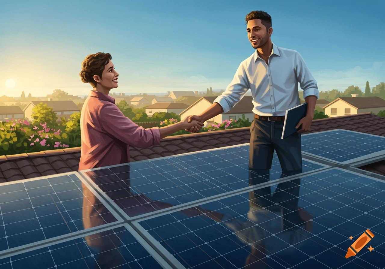 A man and woman shake hands on a sunny rooftop with solar panels, a suburban neighborhood in the background, illustrated.