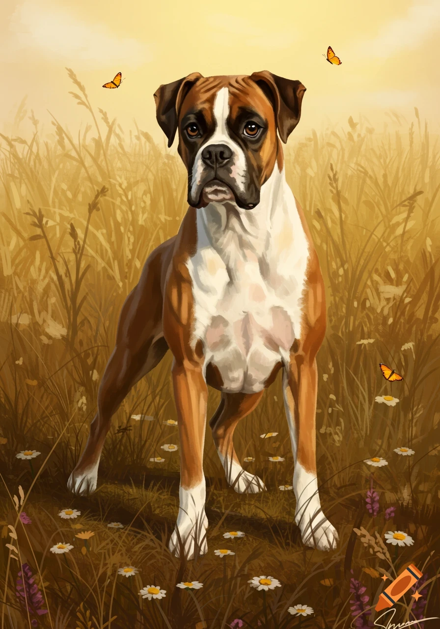 A brindle and white Boxer dog stands in a golden field with daisies and butterflies under a bright sky, painted style.