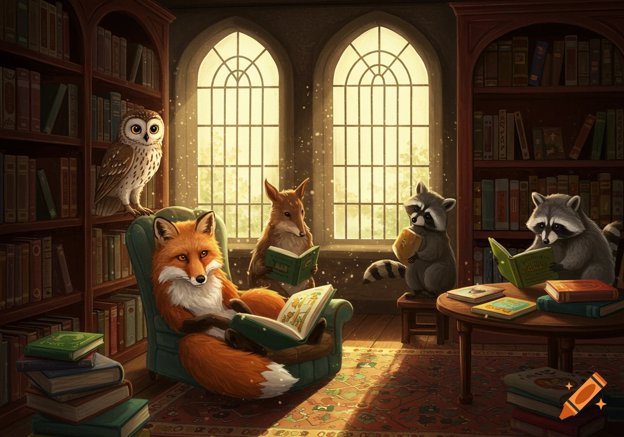 A whimsical scene of anthropomorphic animals reading books in a cozy library with arched windows and warm light.