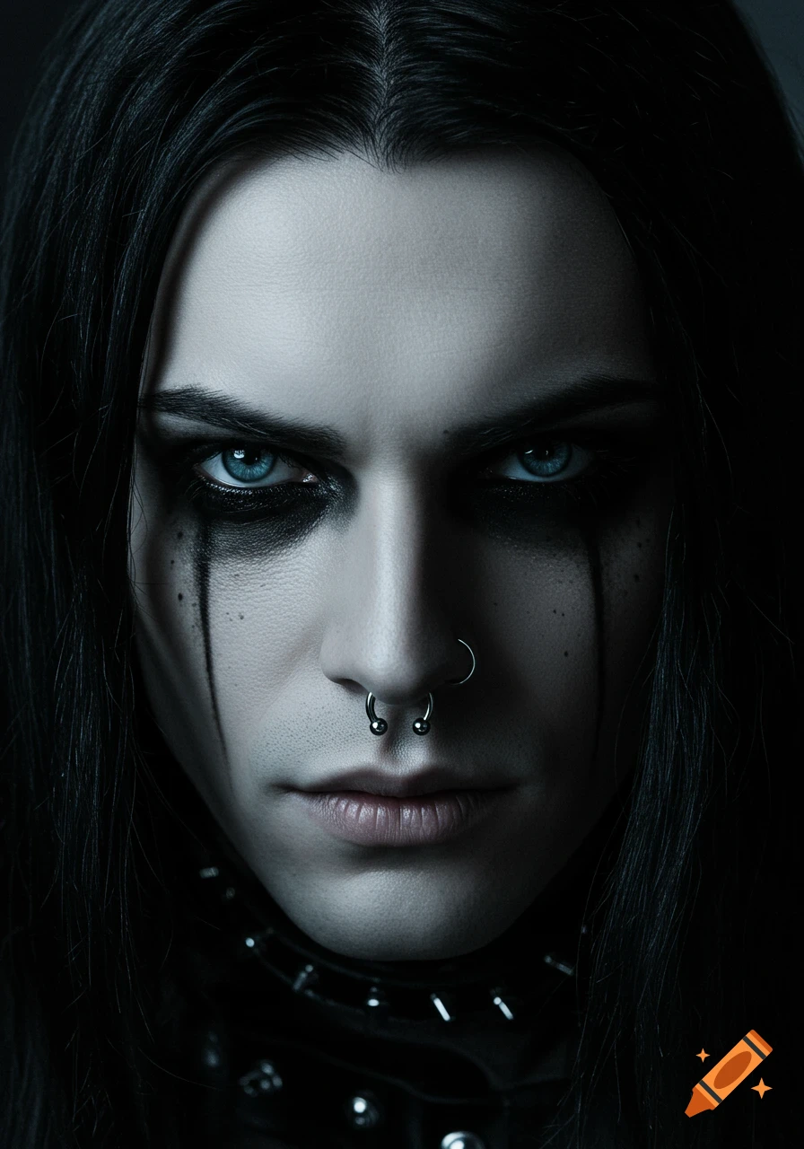 Close-up portrait of a pale goth man with long black hair, heavy black eyeliner, blue eyes, and a septum piercing, wearing a spiked collar.