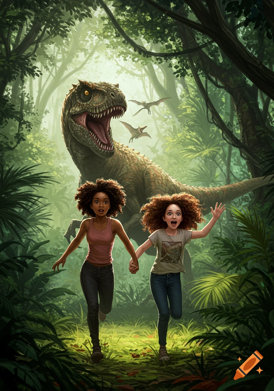 Two girls with curly hair run scared through a lush jungle, fleeing a roaring dinosaur in a stylized illustration.