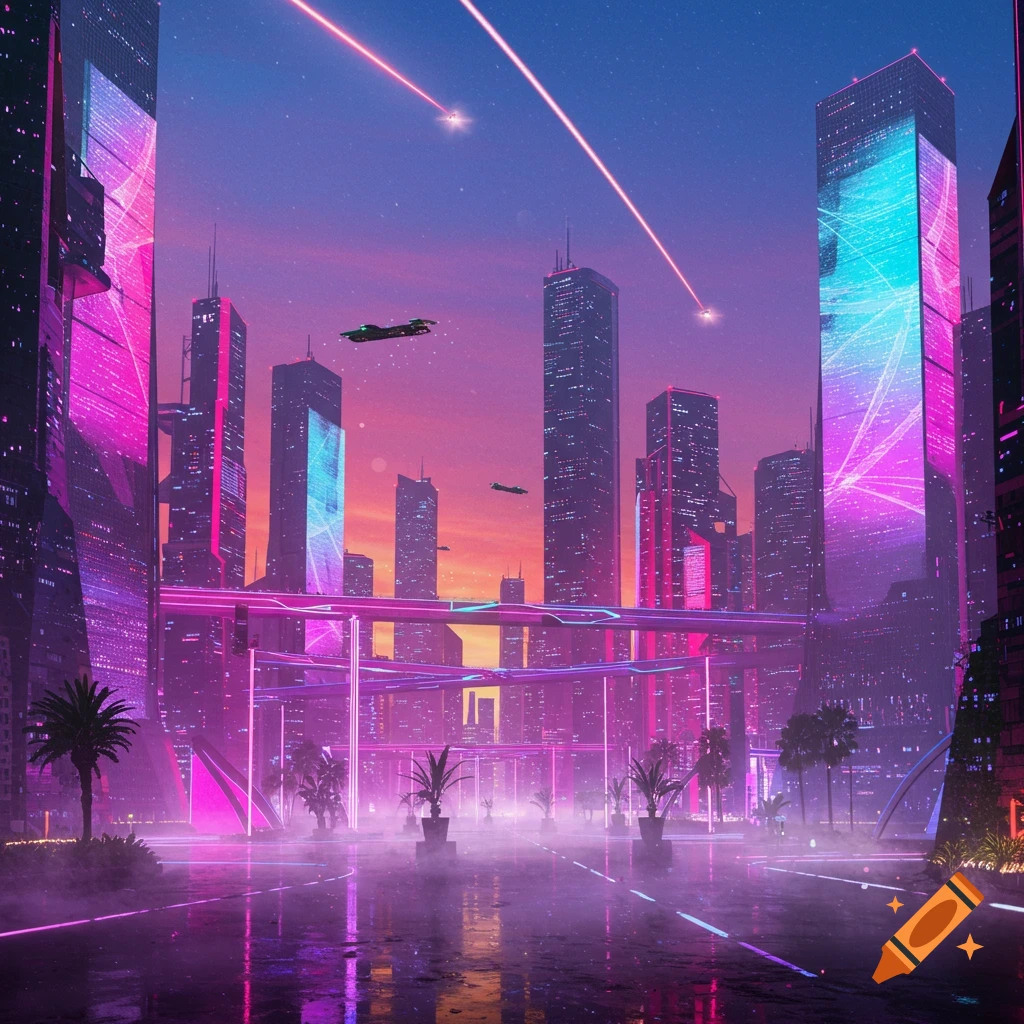 A vibrant futuristic city at dusk with towering buildings, flying vehicles, and neon pink and blue lights reflecting on a wet street.