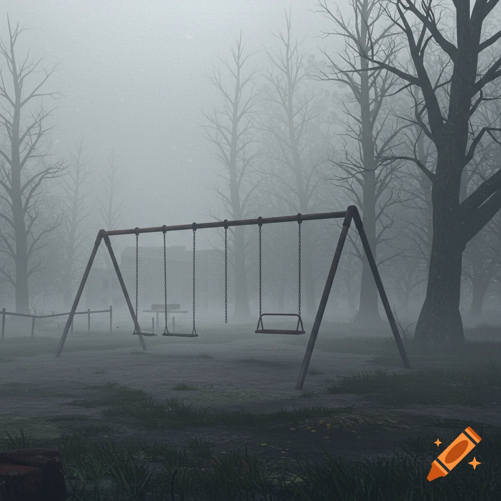 A desolate, foggy playground with swings and bare trees, evoking a Silent Hill atmosphere.
