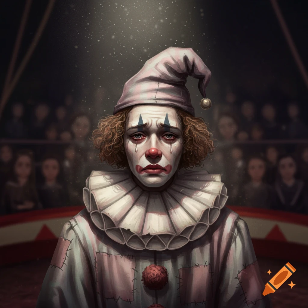 A somber clown in a ruffled collar and pointed hat cries in a dimly lit circus tent.