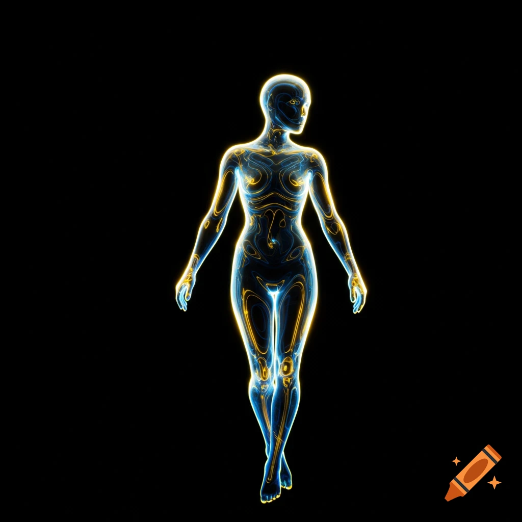 An ethereal human figure made of glowing blue and gold light patterns against a black background.