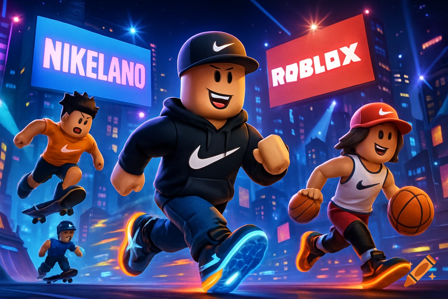 Roblox characters, some wearing Nike apparel, run, skateboard, and play basketball in a vibrant city at night.