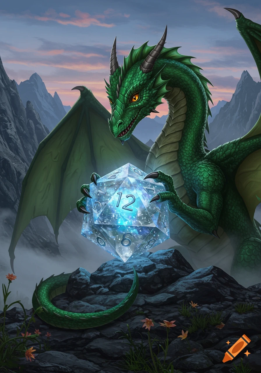 A detailed illustration of a majestic green dragon holding a glowing crystal d12 die with the number 12 showing, set against a mountain backdrop.