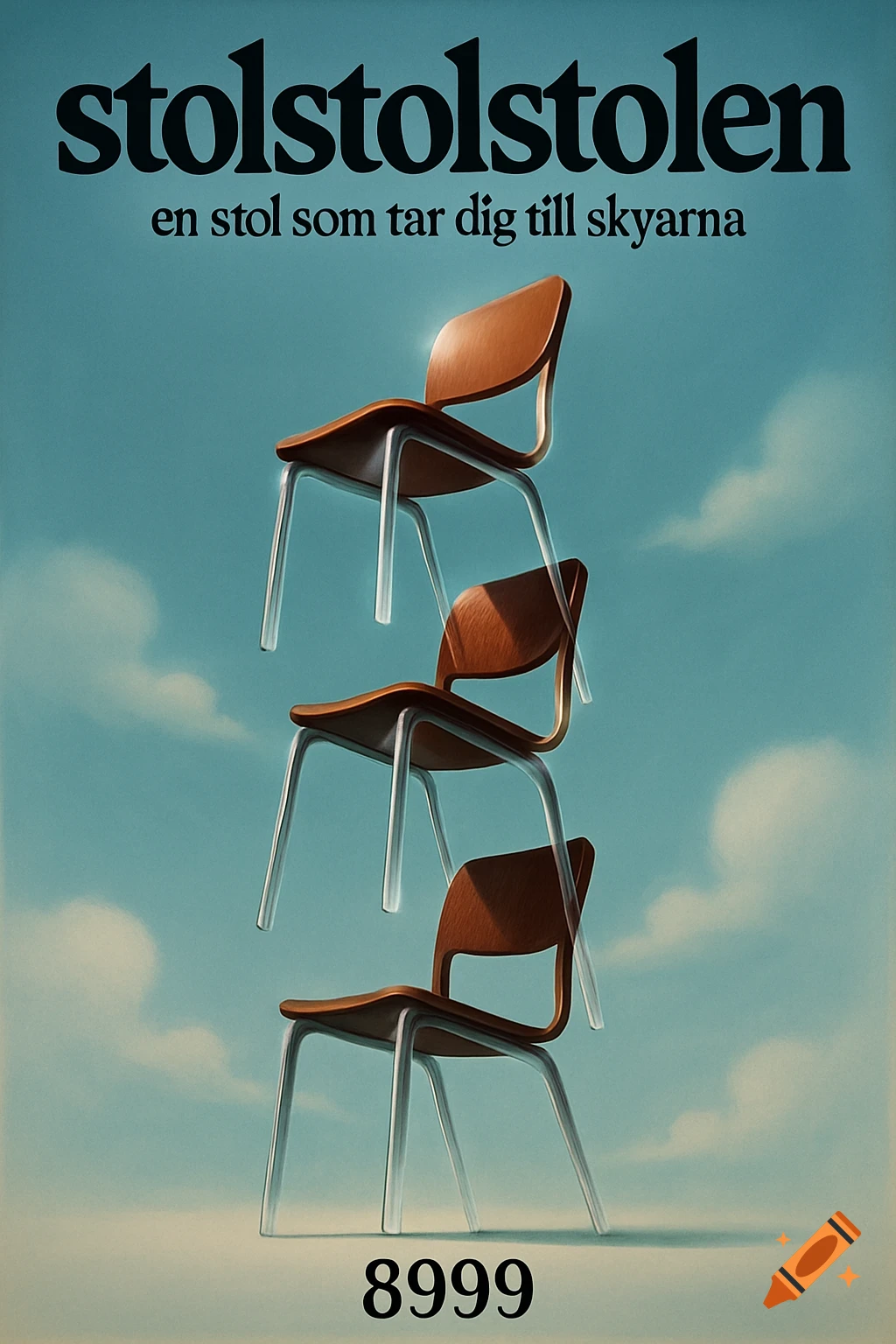 Three brown wooden chairs stacked against a blue sky, designed as a minimalist advertisement poster with text.