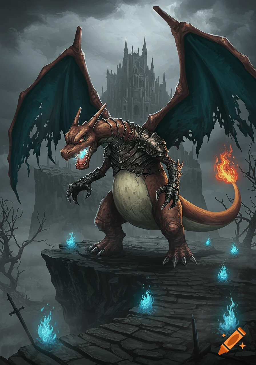 Armored Charizard stands on a rocky cliff with blue flames, overlooking a dark, misty castle in a dark fantasy illustration.
