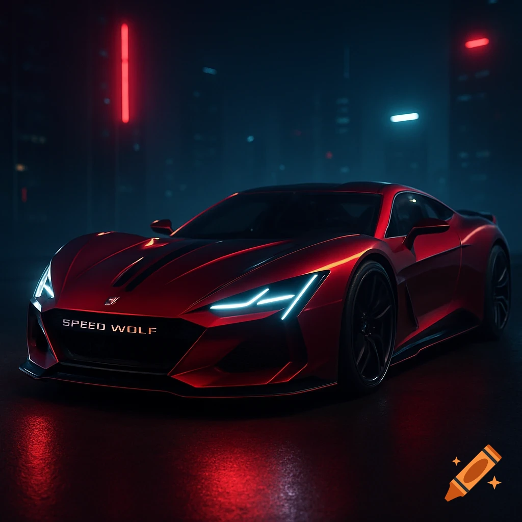 Sleek red supercar with bright headlights parked on a wet city street at night.