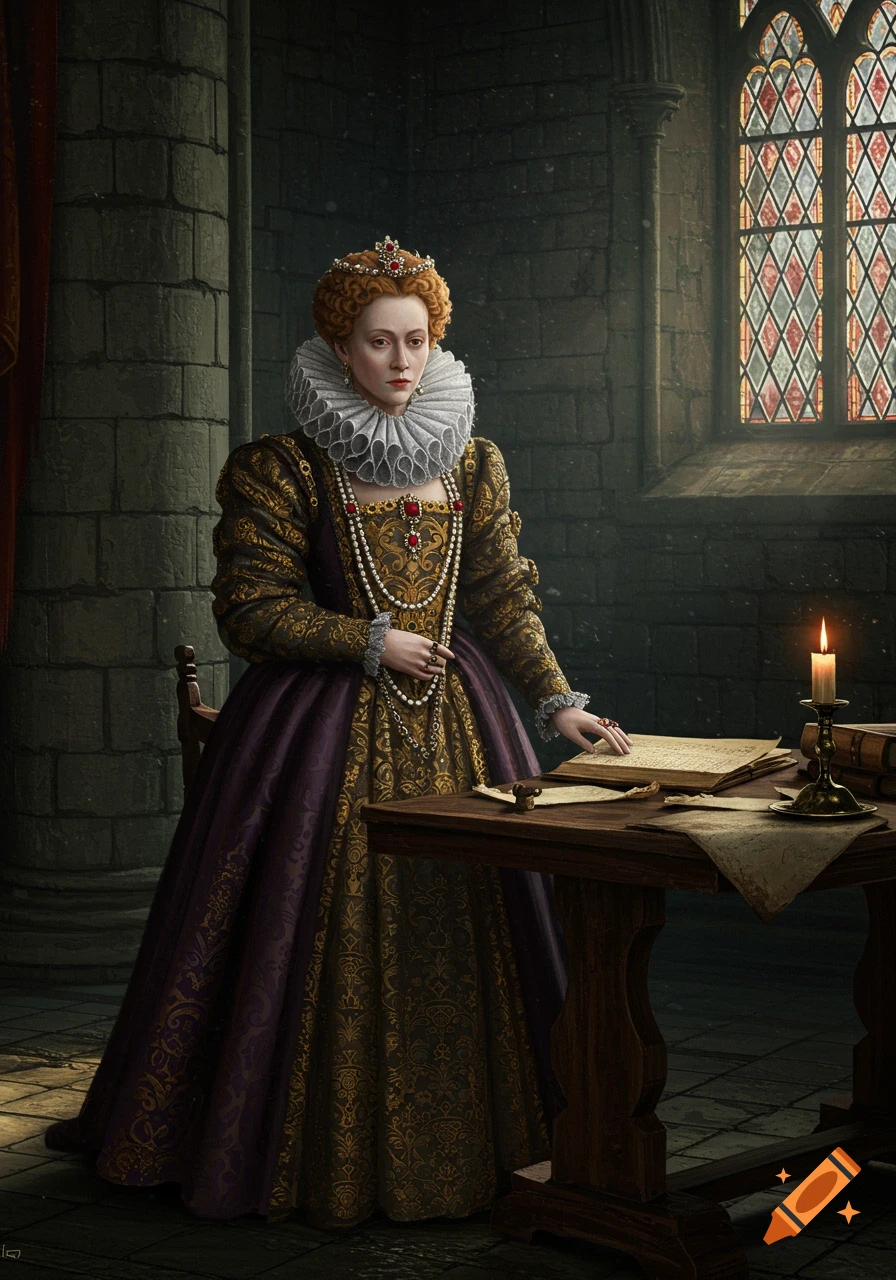A queen in elaborate gold and purple attire stands by a candlelit desk in a stone room with a stained glass window.