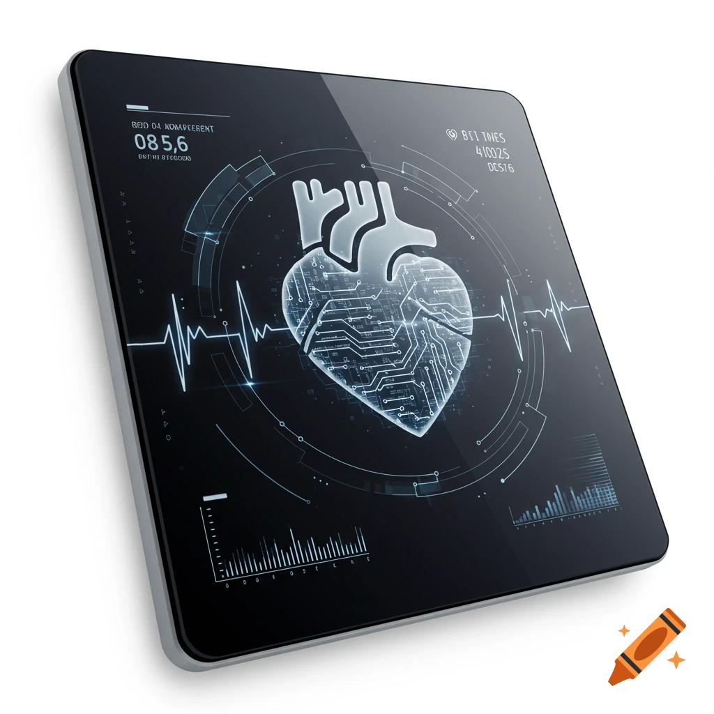 A silver tablet displays a glowing, circuit-board heart with an EKG line and digital data on a dark screen.