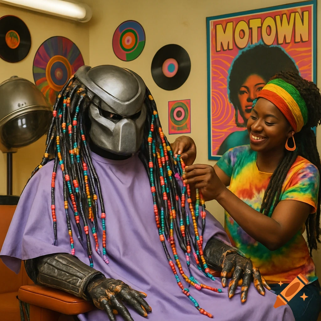 A Predator in a salon cape gets its dreadlocks beaded by a smiling hairdresser in a retro salon with Motown posters.