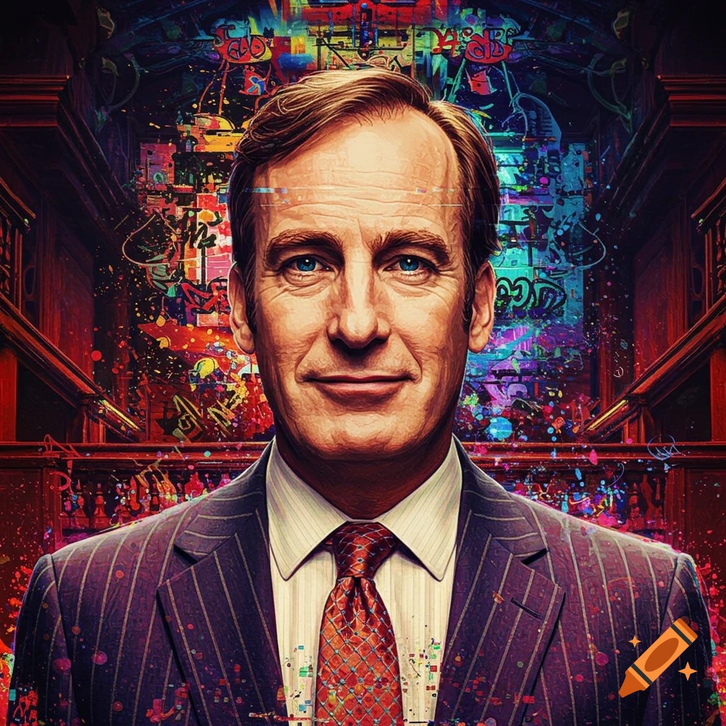 A vibrant, pop art portrait of Saul Goodman in a pinstripe suit, smiling against a colorful, psychedelic graffiti background.