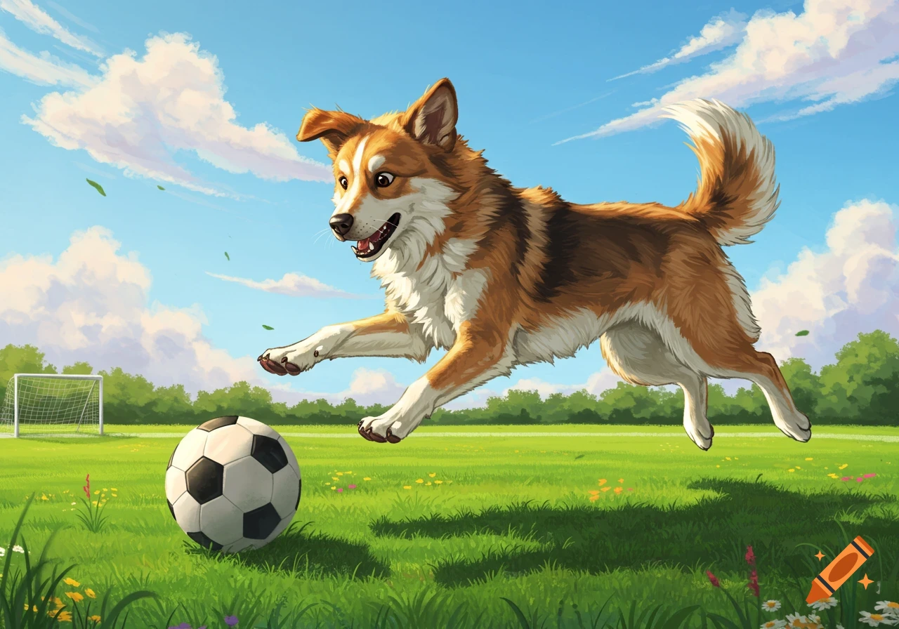 A happy, fluffy dog jumps to kick a soccer ball on a green field with a goal under a blue sky, in an illustrated style.