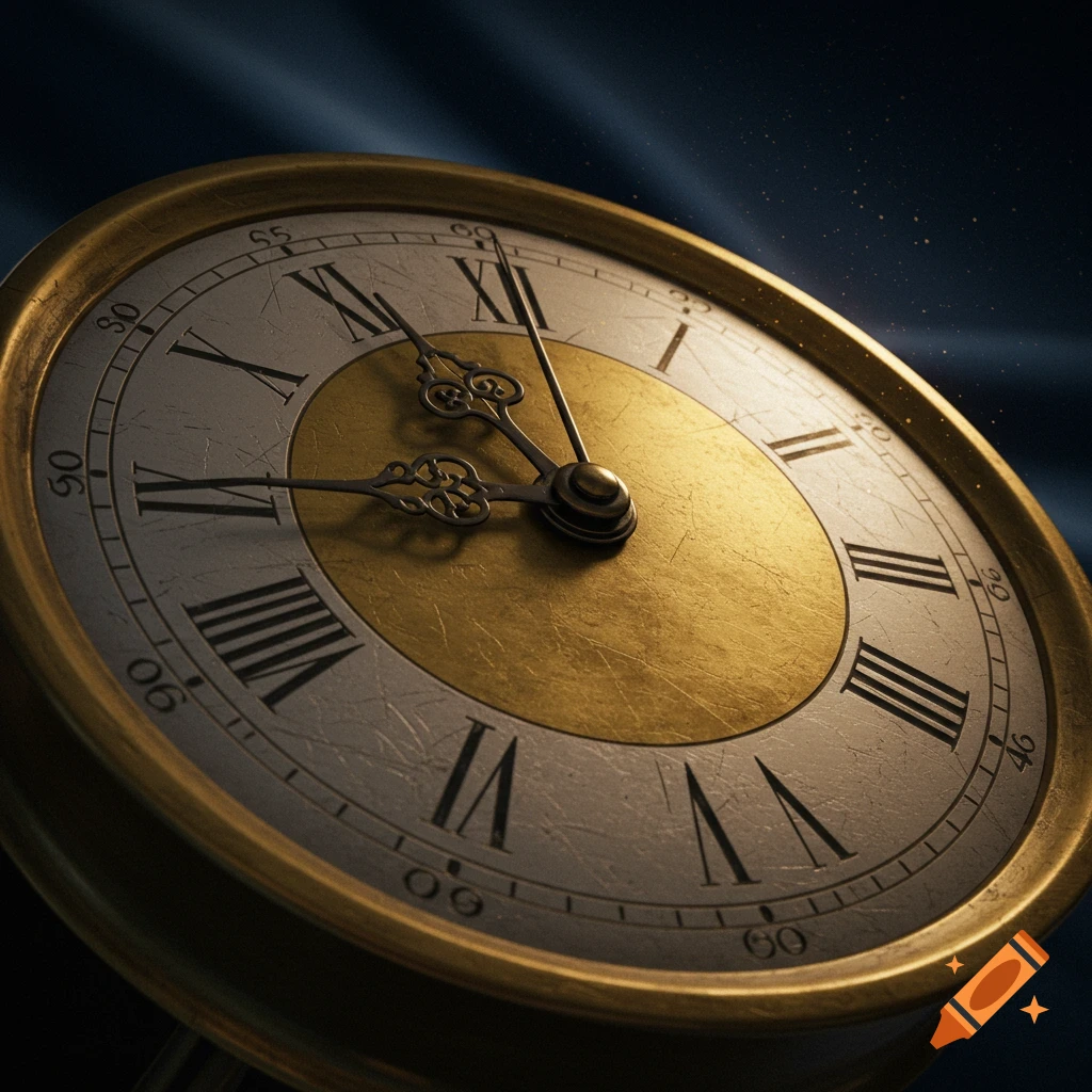 Close-up of a vintage golden clock face with ornate hands and Roman numerals against a dark, starry background with light rays, in a photorealistic style.