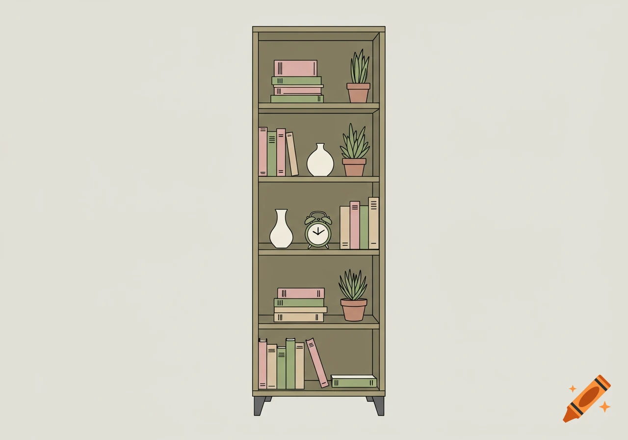 A simple 2D illustration of a bookshelf filled with books, potted plants, vases, and an alarm clock.