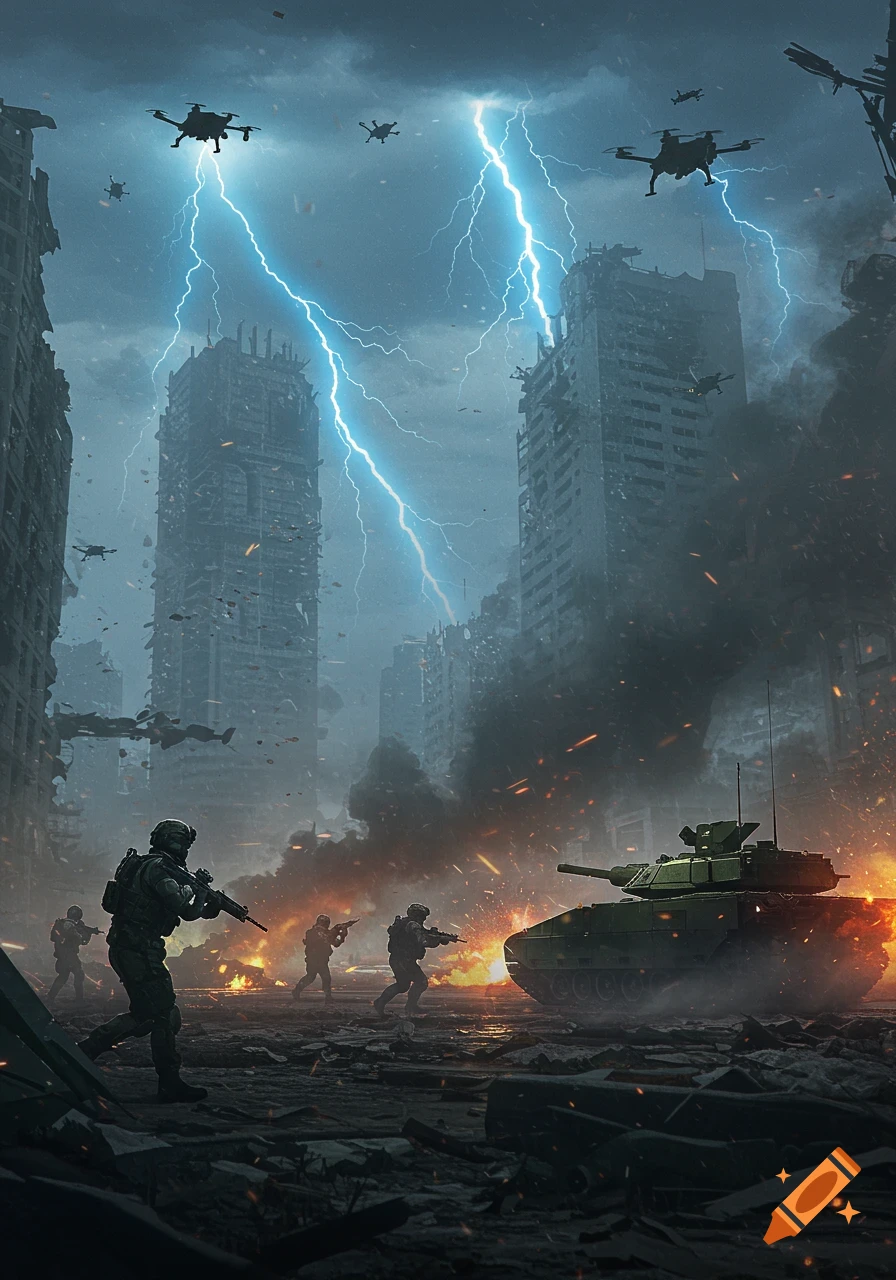 Futuristic battlefield with soldiers, a tank, and drones under lightning in a ruined city.