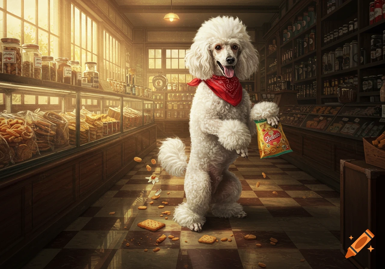 A white poodle stands on its hind legs in a warm, sunlit store, holding a bag of snacks as if robbing the place, with cookies scattered on the floor.