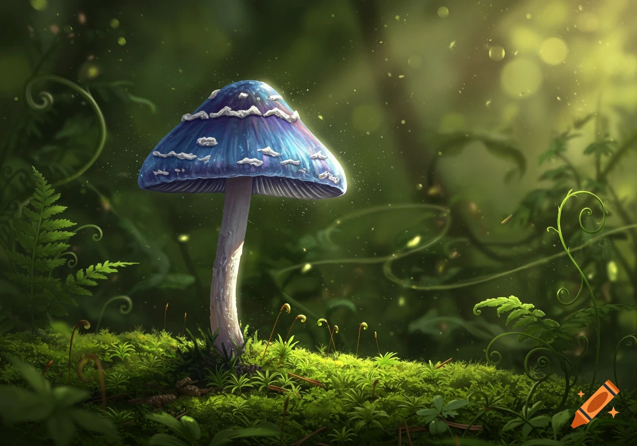 A vivid blue fantasy mushroom with glowing particles stands on a mossy forest floor, dappled with sunlight.