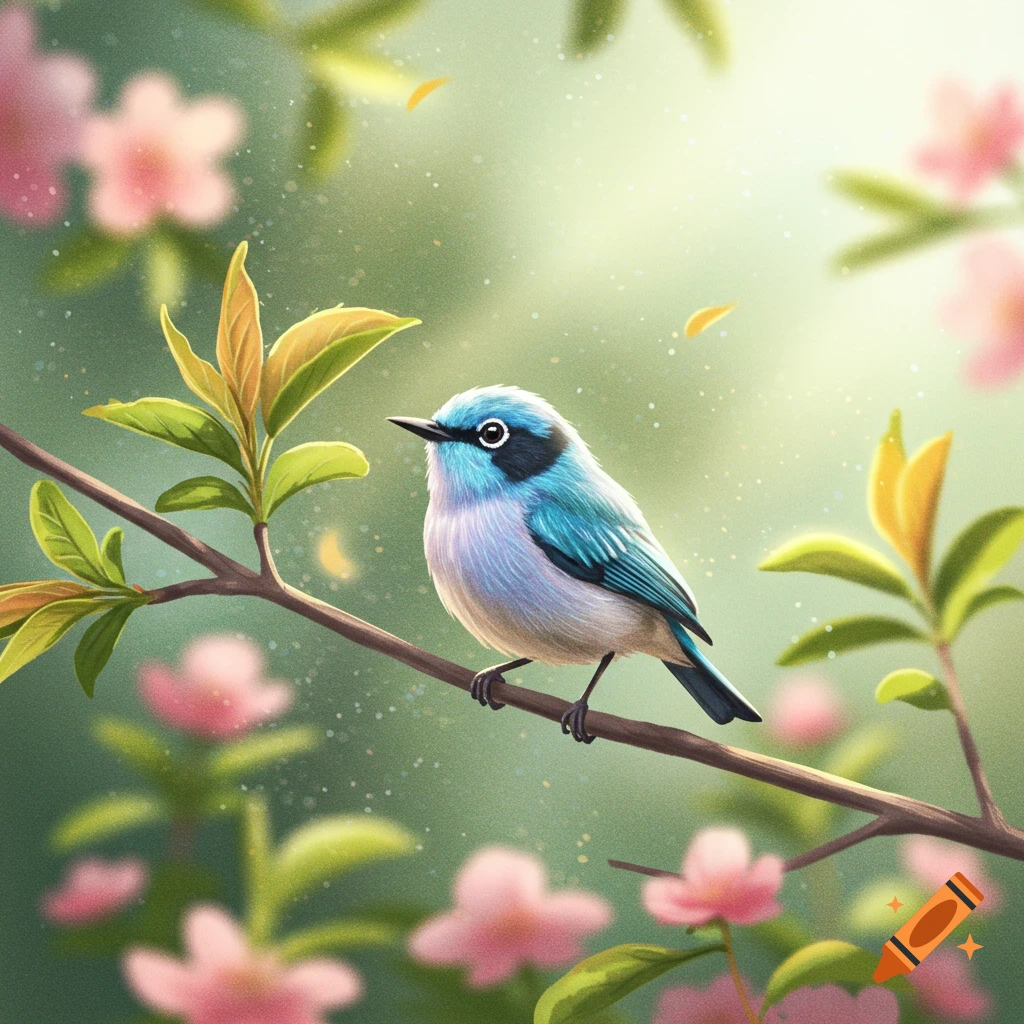 A cute blue bird with a black eye patch perches on a branch amidst green leaves and soft pink blossoms, rendered in an illustration style.