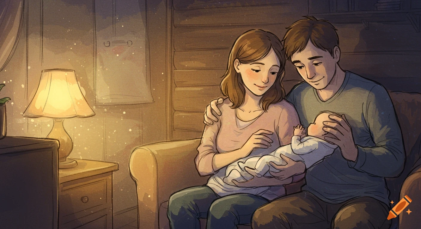 Two parents lovingly holding their baby in a cozy, lamp-lit room at night, in a children's book illustration style.