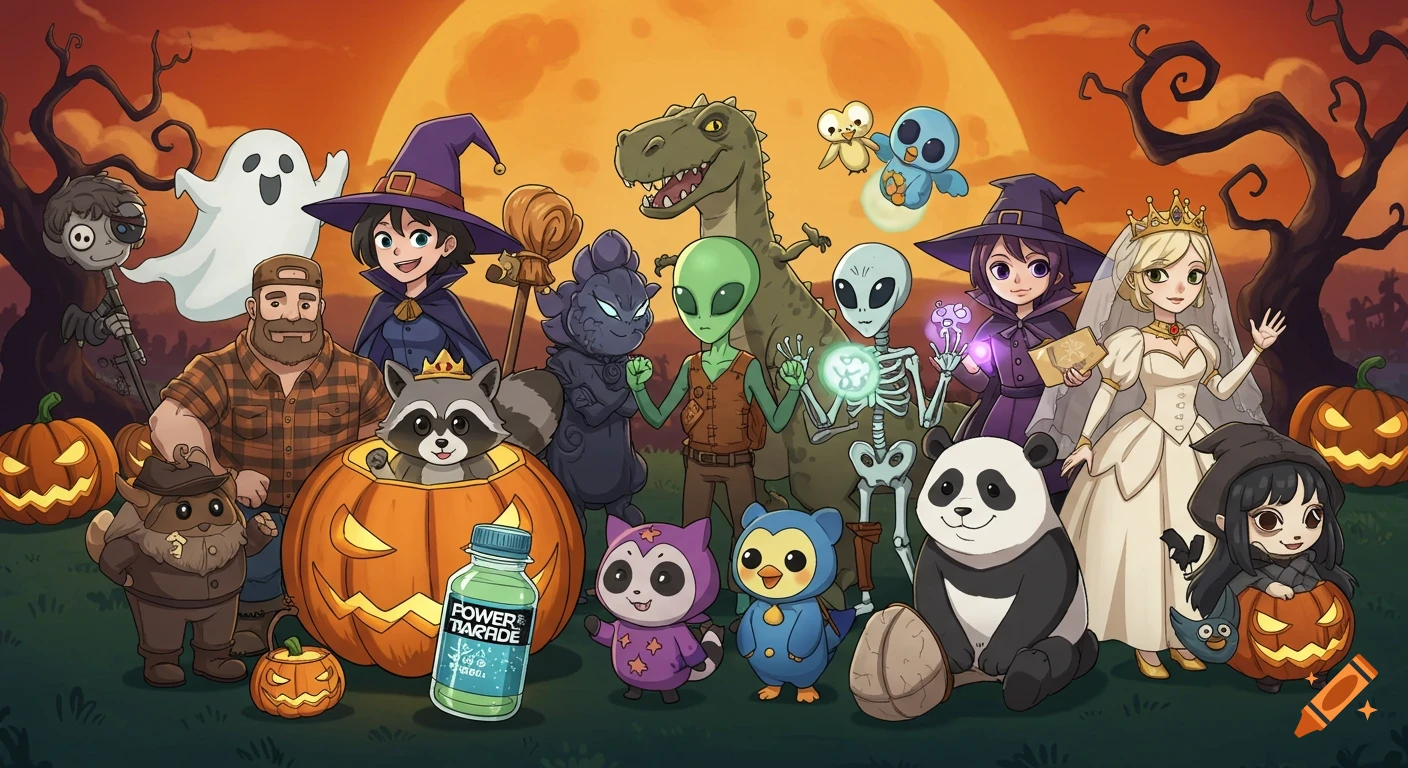 A colorful cartoon Halloween scene featuring a group of characters including a witch, lumberjack, raccoon in a pumpkin, aliens, dinosaur, skeleton, panda, and princess, under a glowing orange moon with twisted trees and pumpkins.