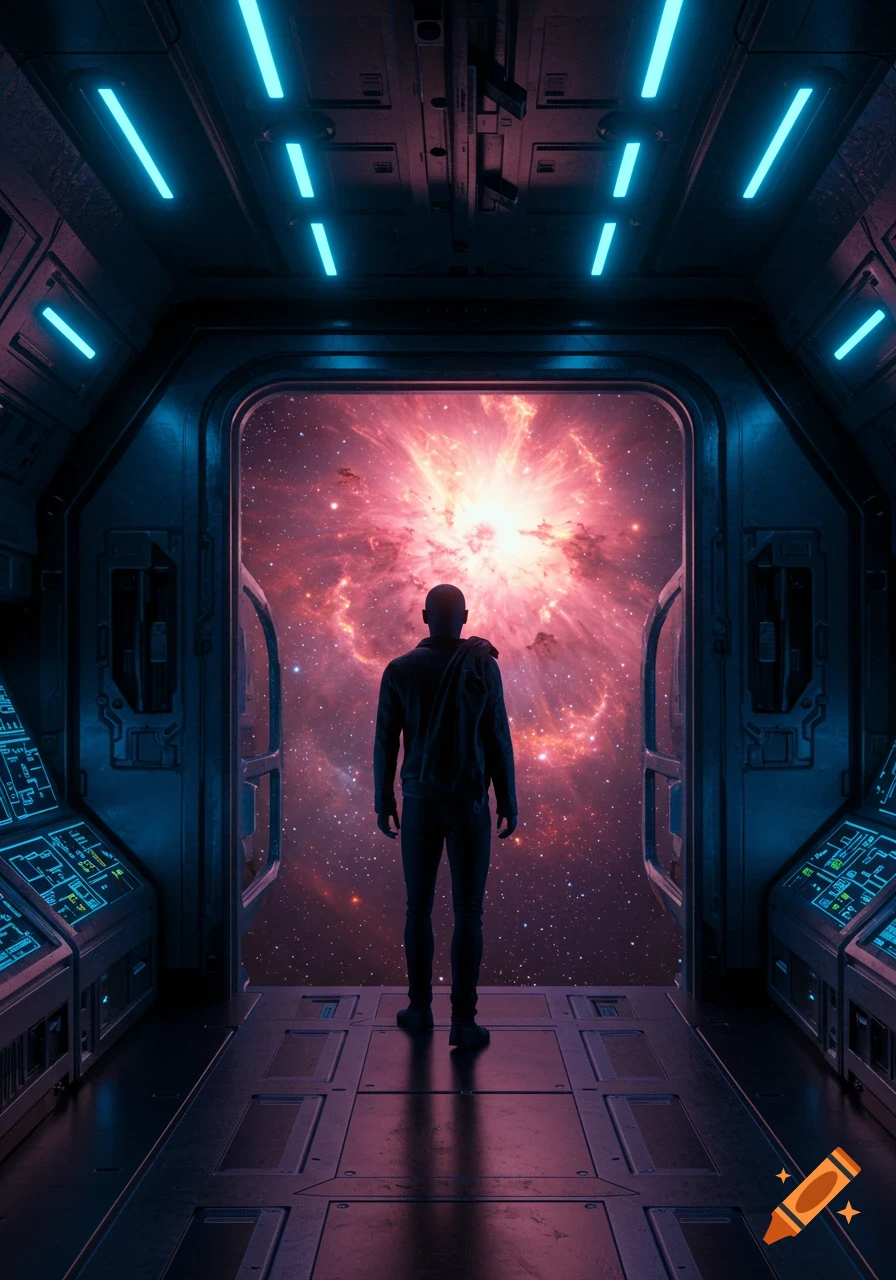 A silhouetted figure stands in a spaceship doorway, gazing at a vibrant pink and orange supernova in deep space.