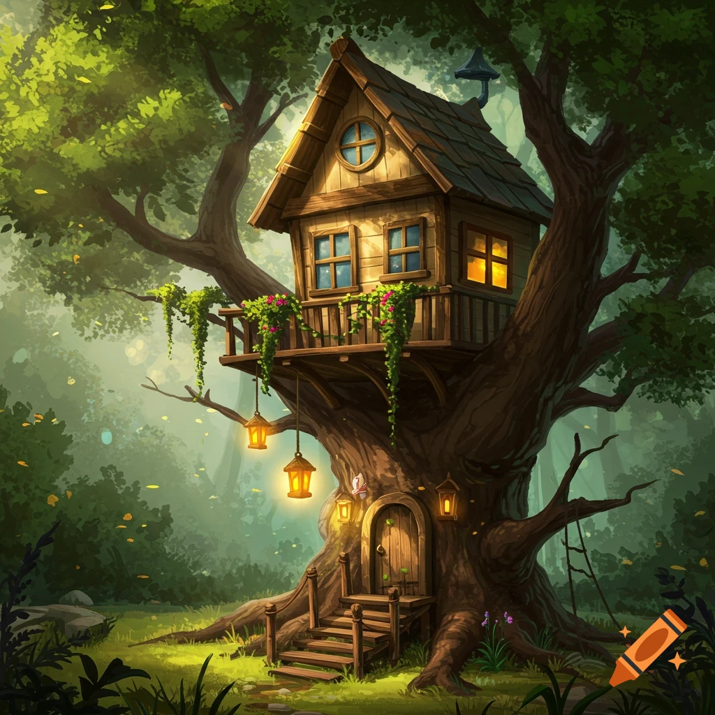 A charming rustic treehouse with glowing lanterns built into a massive tree in a lush, magical forest.