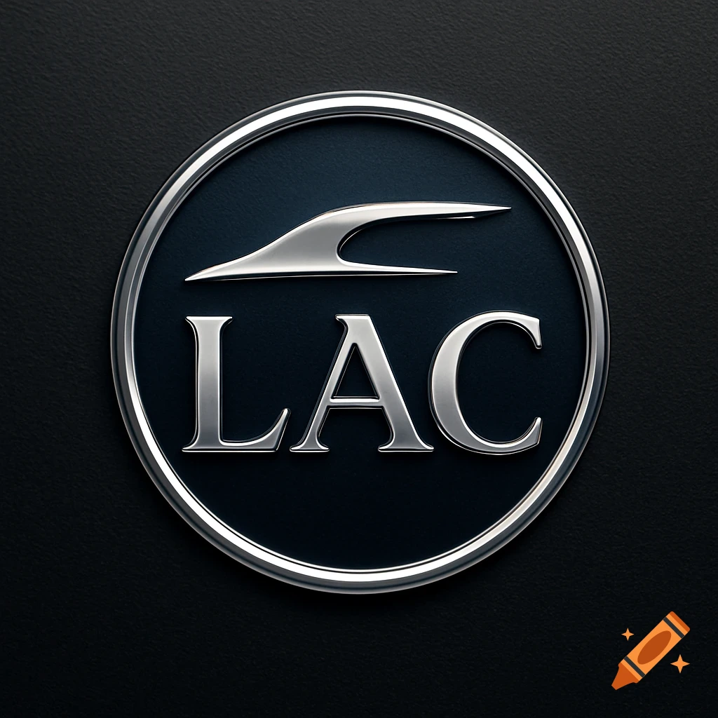 Sleek chrome metallic circular car logo with 'LAC' and a curved graphic on a dark textured background.