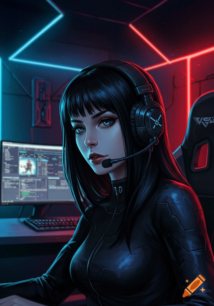 A dark-haired woman with blue eyes, wearing gaming headphones and a black suit, sits in a gaming chair in a neon-lit cyberpunk room.