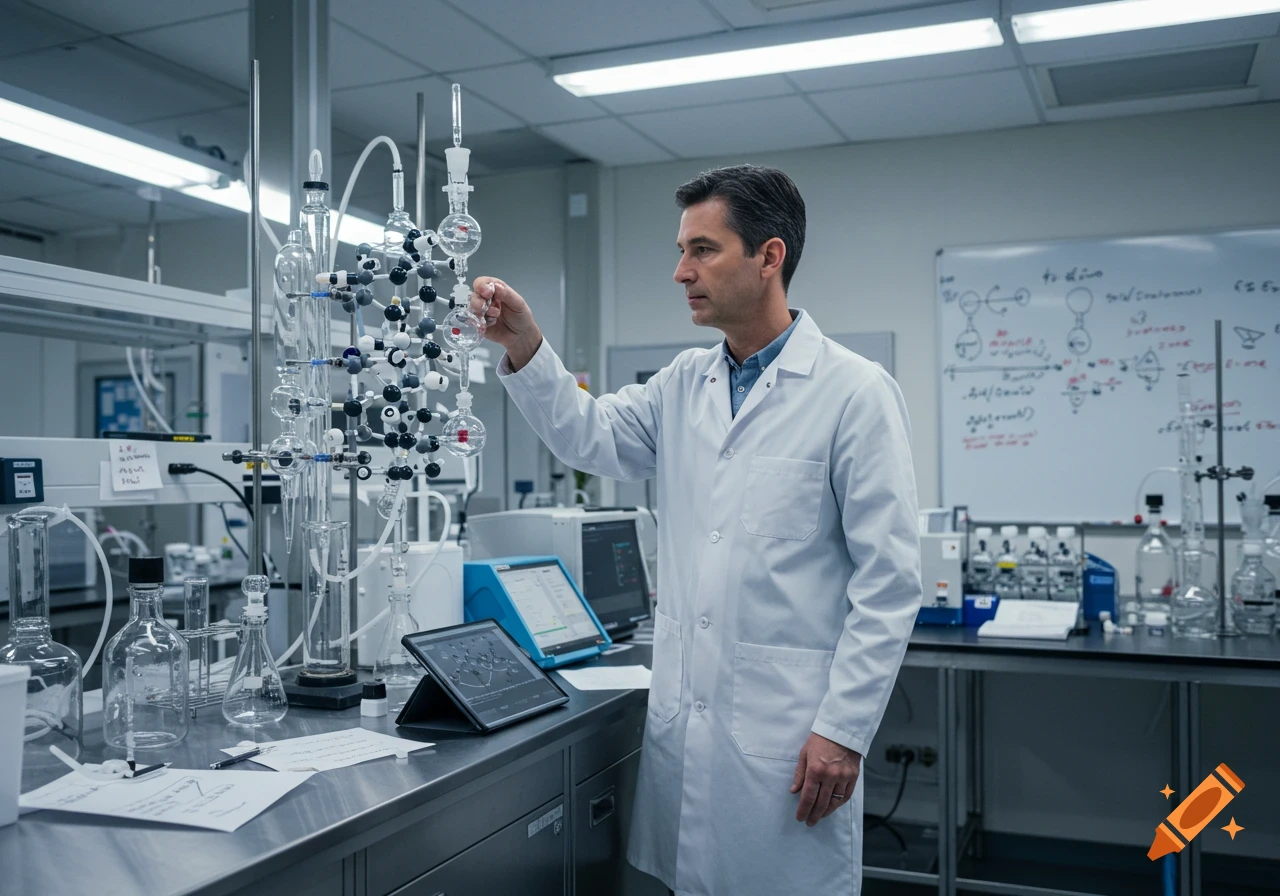 A photorealistic image of a male scientist in a white lab coat examining intricate glass lab equipment in a modern laboratory.