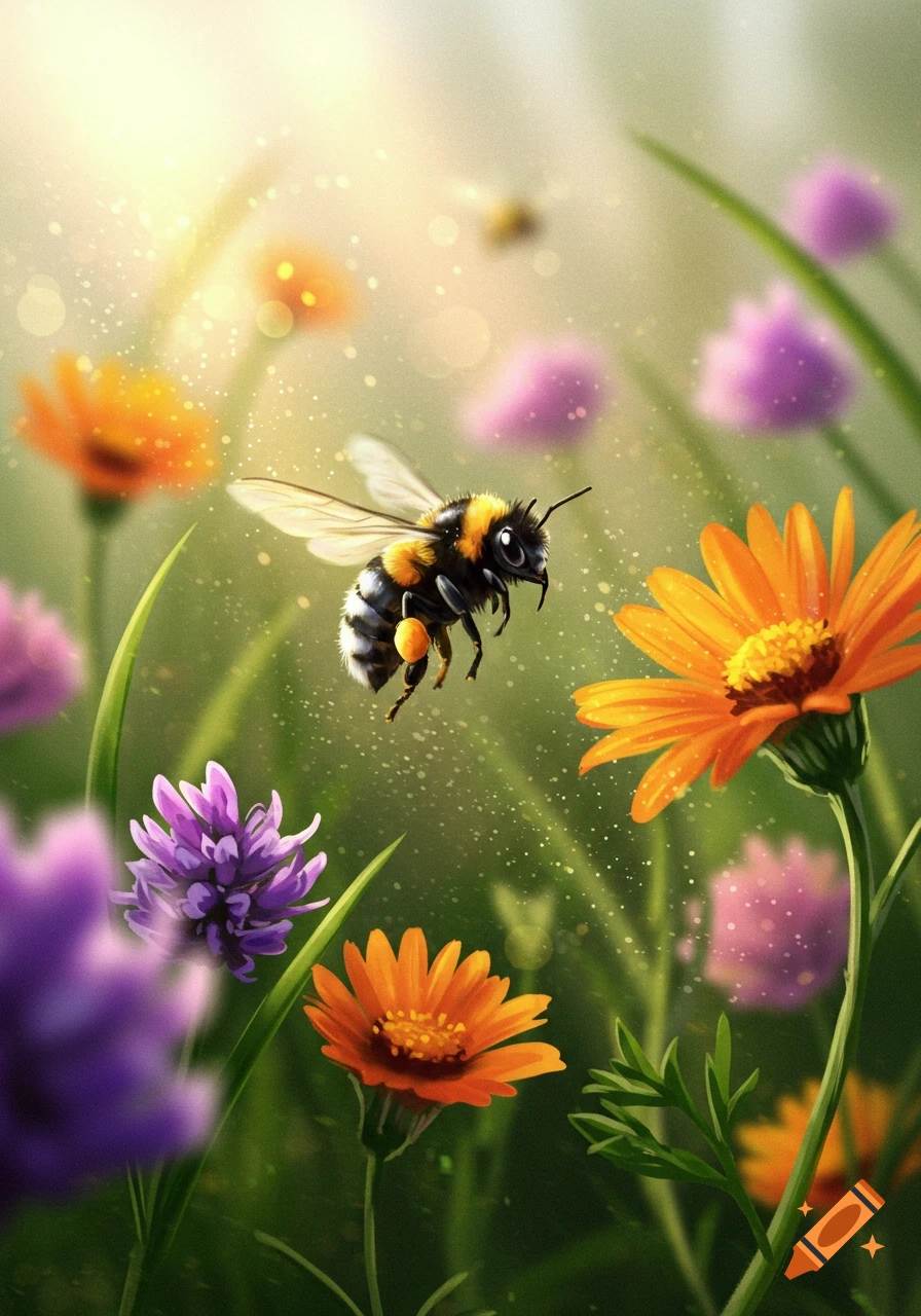 A stylized digital art image of a bumblebee flying among vibrant orange and purple wildflowers in a sunlit, soft-focused garden.