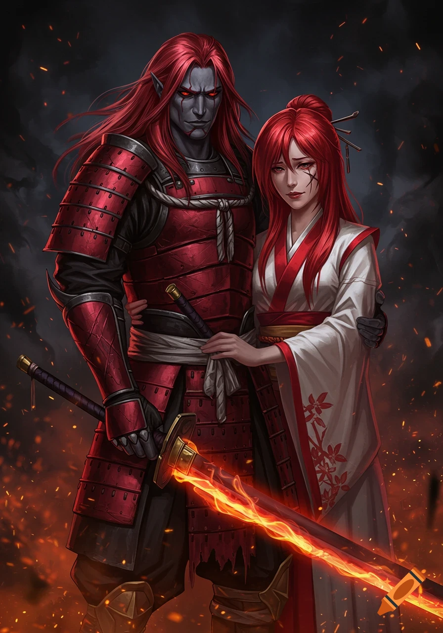 A dark-skinned drow samurai in red armor stands with his red-haired wife in a white kimono, holding a flaming sword amid embers.