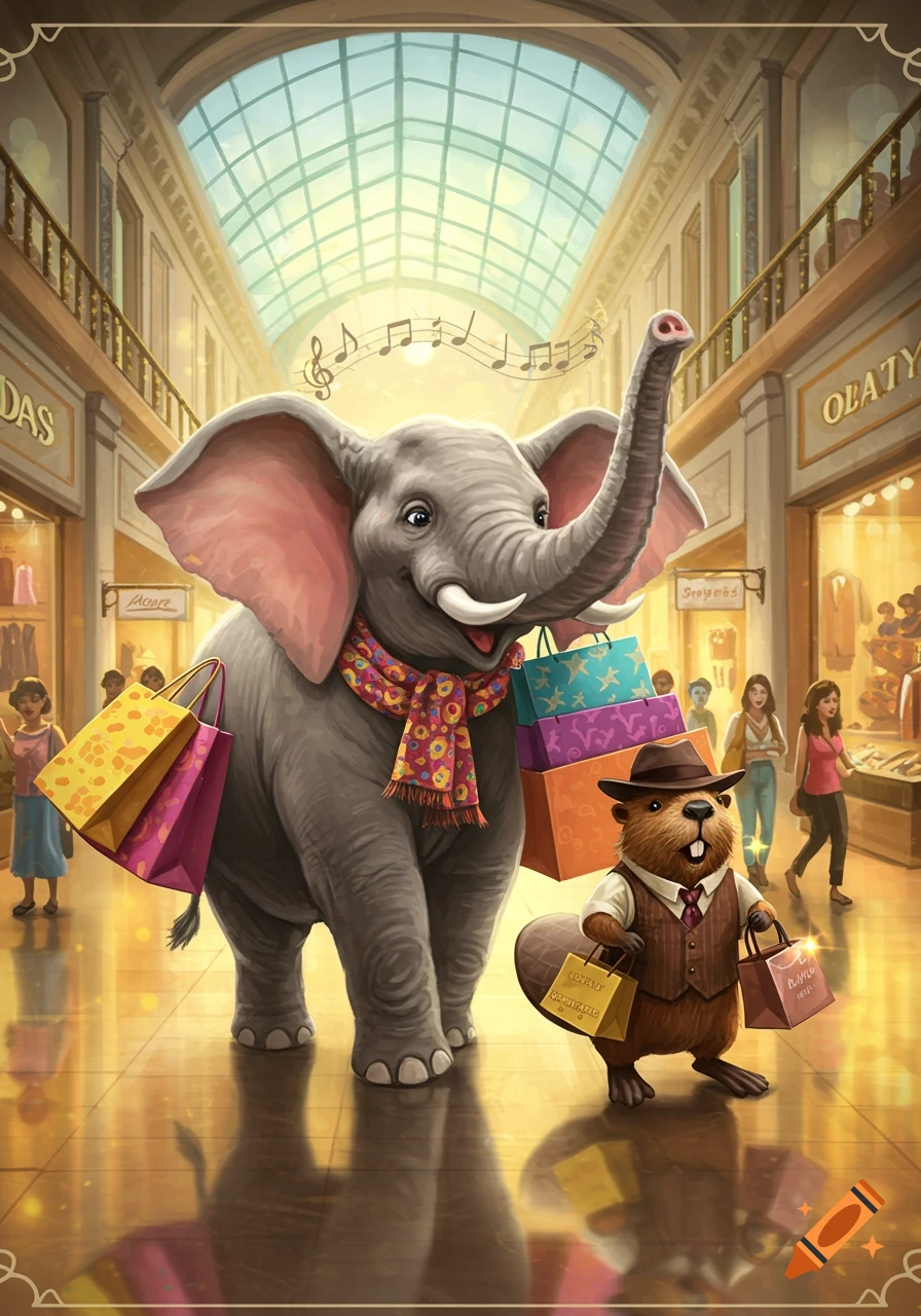 A happy elephant and a beaver wearing a hat and waistcoat are on a shopping spree in a brightly lit mall, carrying many colorful shopping bags. Music notes float above them.