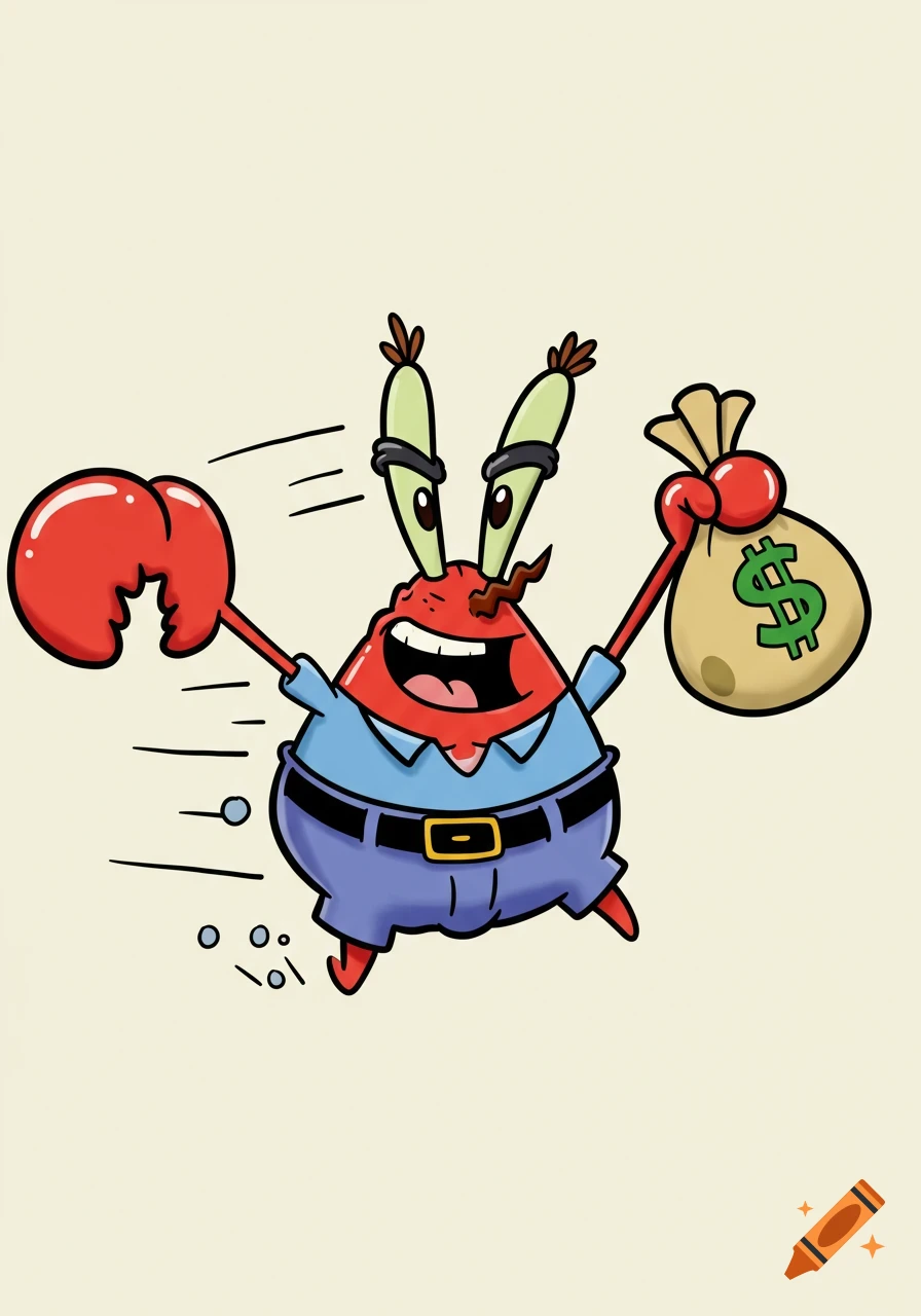 Mr. Krabs from SpongeBob SquarePants runs left, holding a red claw out and a money bag with a dollar sign in his other hand. Cartoon style.