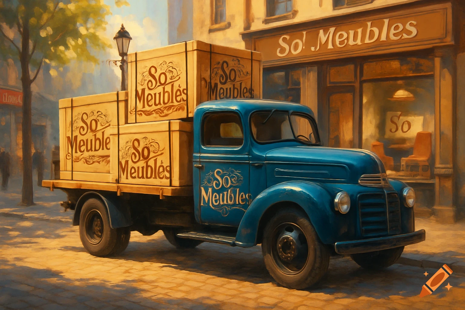 Painterly image of a blue delivery truck with "So Meubles" boxes parked on an old street in front of a furniture store.