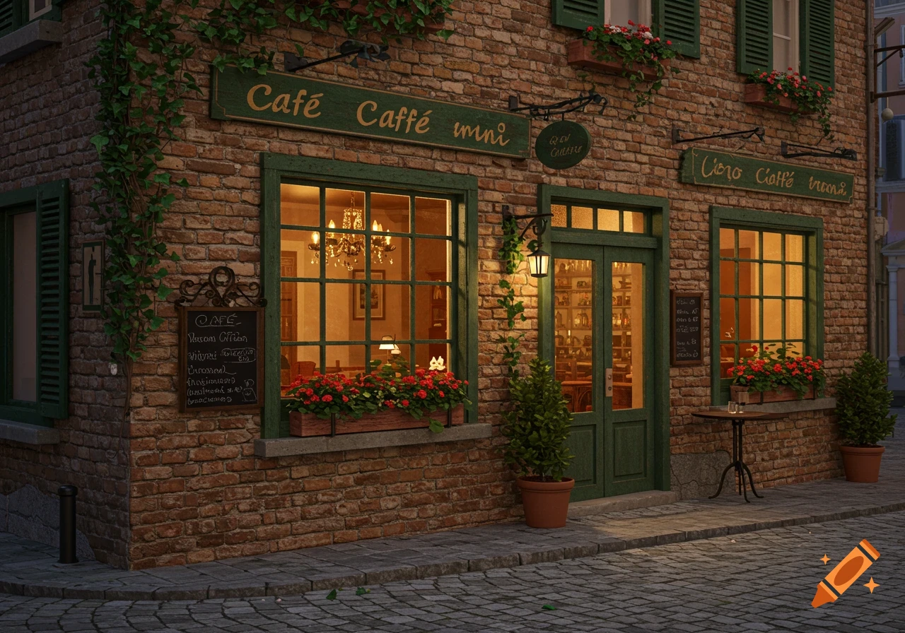 Photorealistic exterior of a charming European-style cafe with brick walls, green window frames, potted plants, and signs.