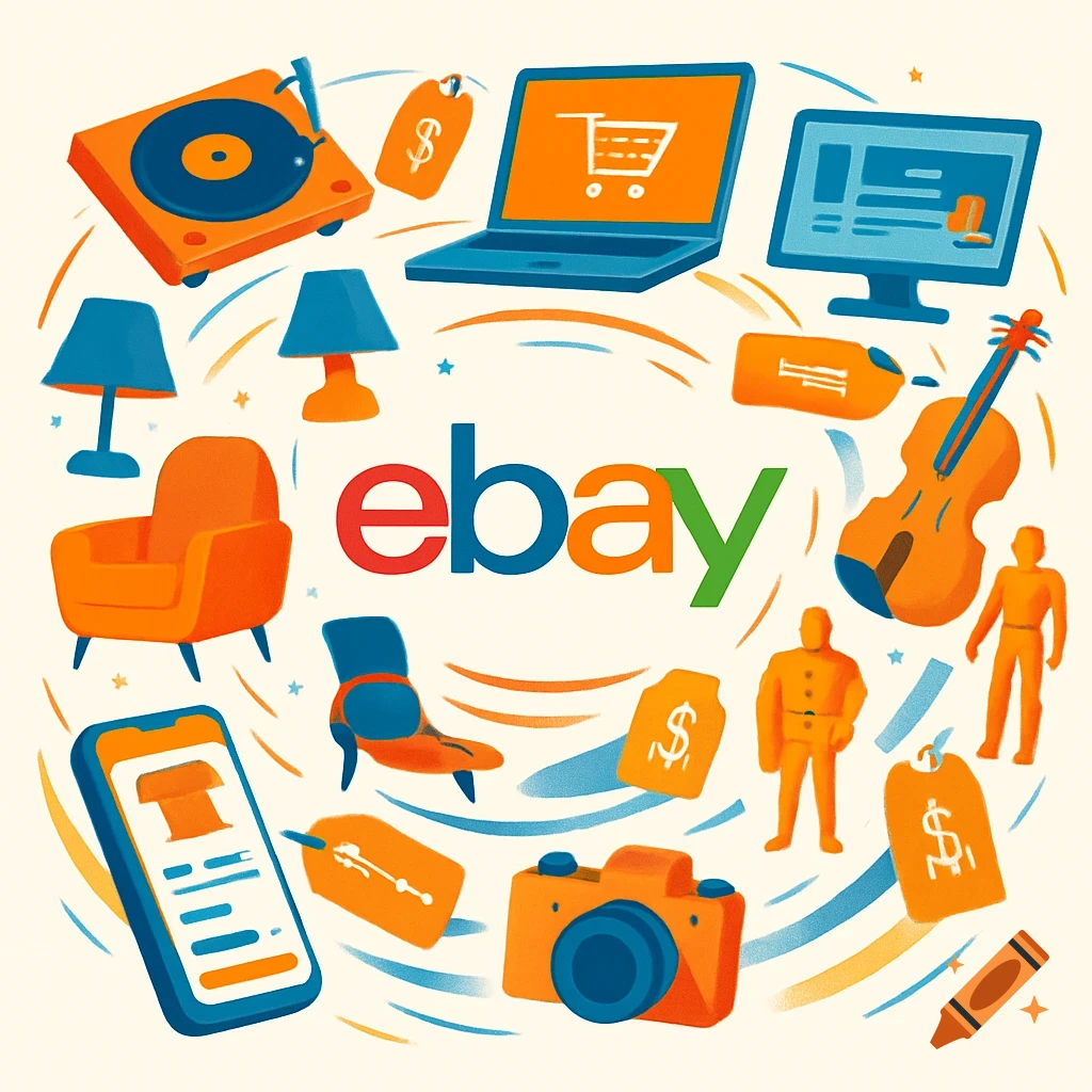 Vibrant cartoon illustration with the eBay logo surrounded by a laptop, record player, camera, furniture, and musical instrument.