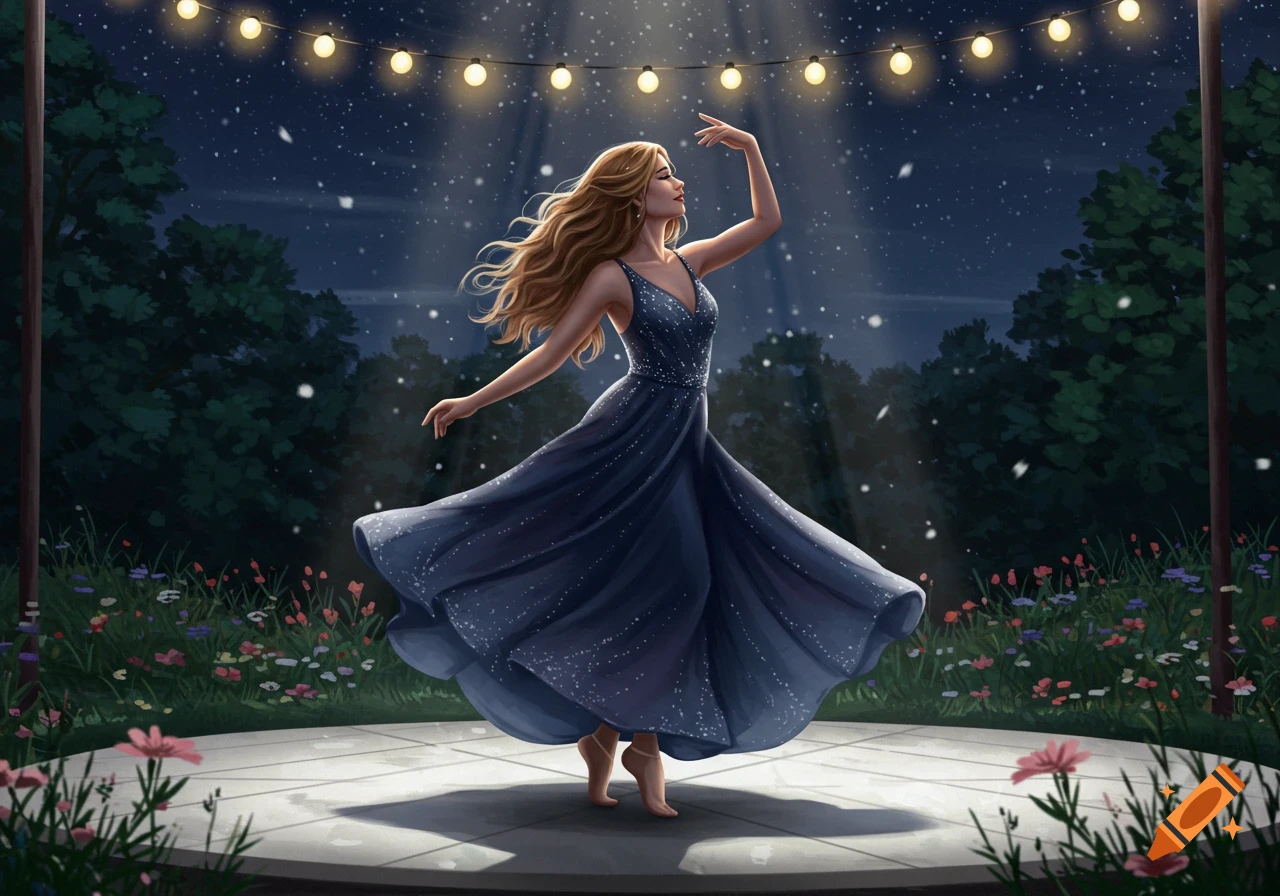 Illustrated woman dancing in a sparkly navy gown on an outdoor stage at night, under string lights and falling snow.