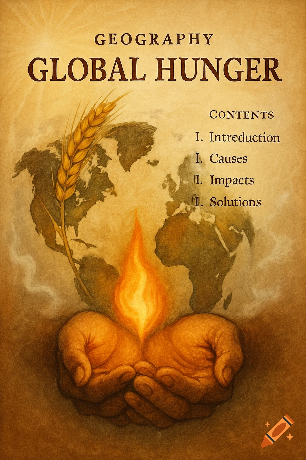 Sepia-toned illustration of hands holding a flame, a wheat stalk, and a globe, with 'GLOBAL HUNGER' text.