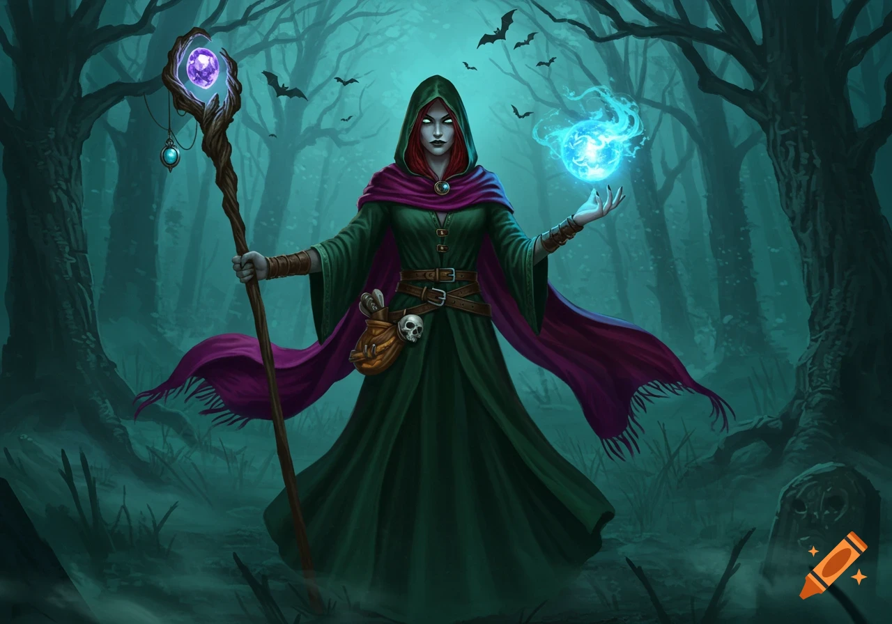 A witch in green robes and purple shawl holding a glowing blue orb and a staff in a dark, misty forest.
