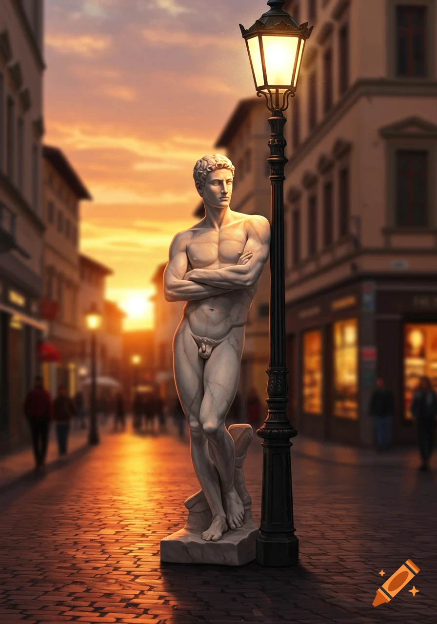 A photorealistic marble statue of a muscular man with crossed arms leans against a streetlamp on a city street at sunset.