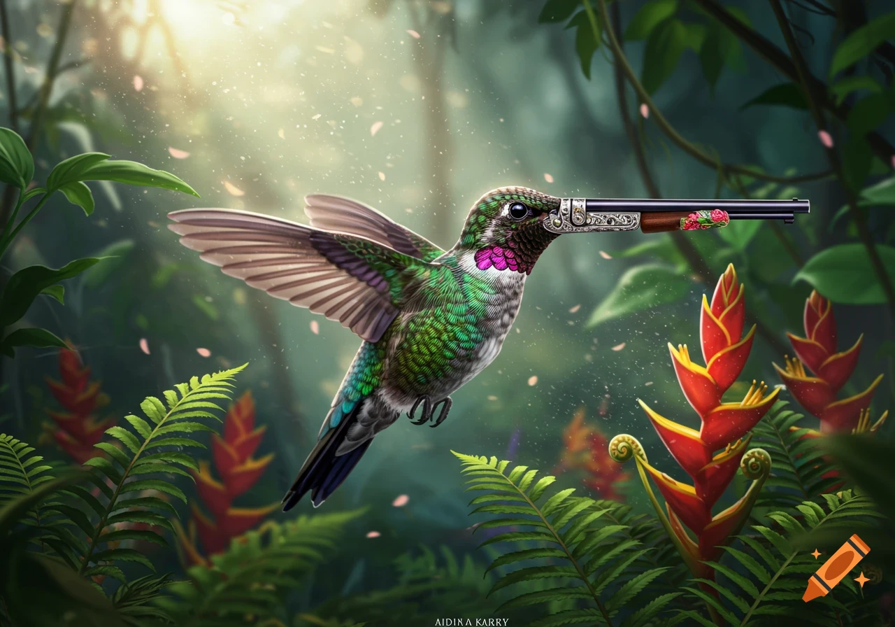 A vibrant hummingbird with a shotgun as its beak flies through a lush, sunlit jungle with red flowers.