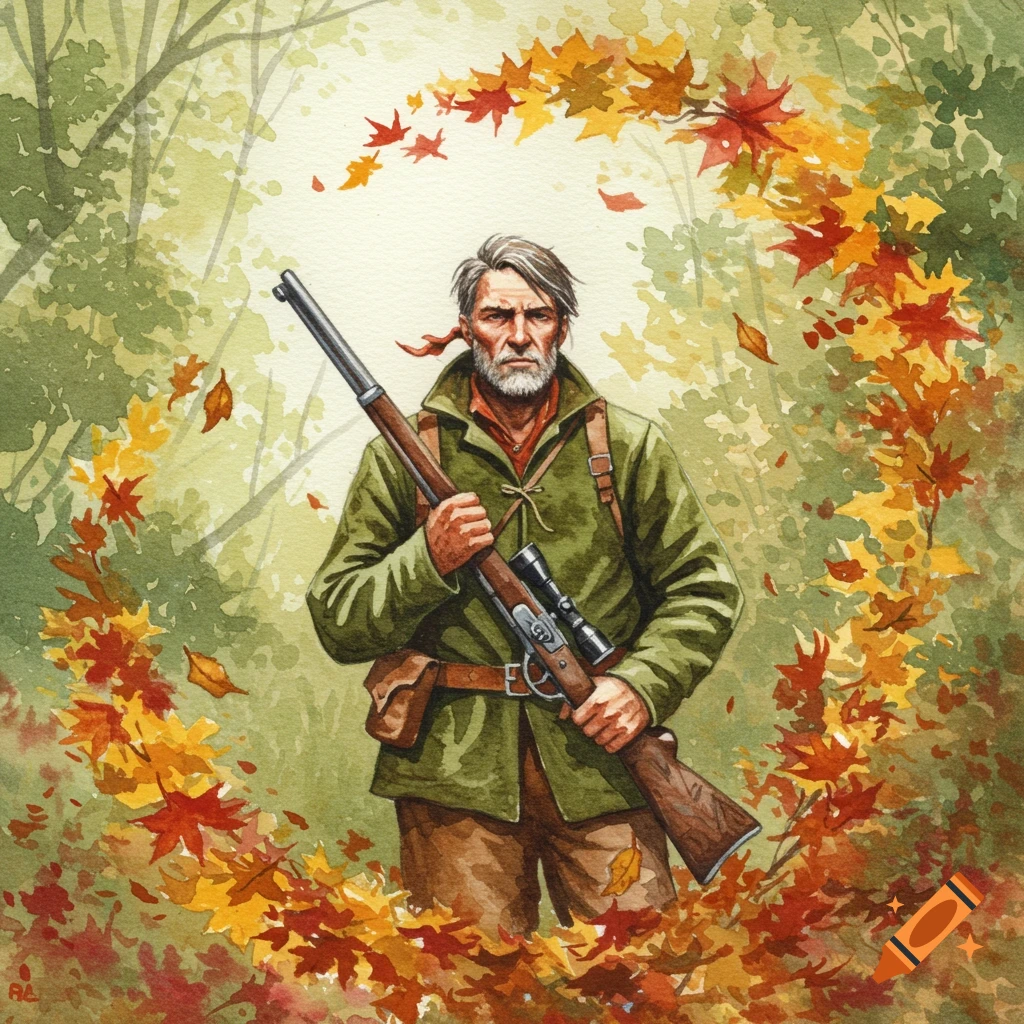 A bearded man in a green jacket holds a rifle, surrounded by colorful autumn leaves. Watercolor style.