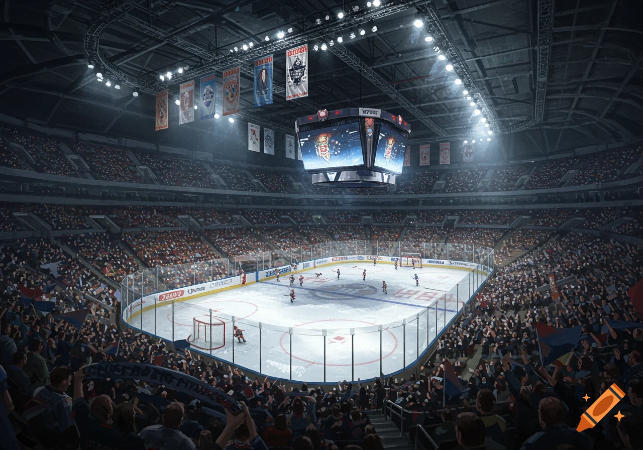 An overhead view of a packed indoor hockey arena during a game, with players on the ice and a large scoreboard hanging above the rink.