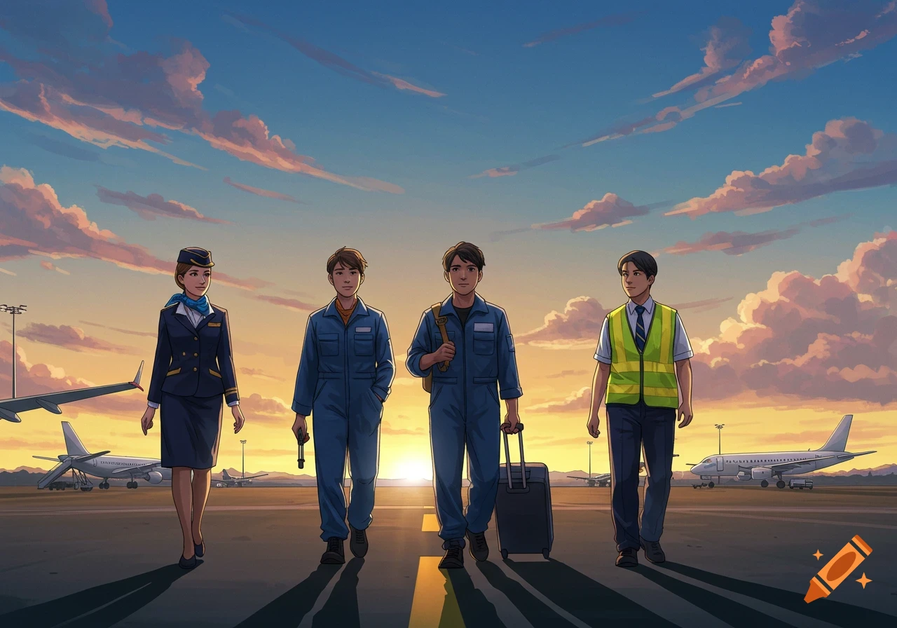 Four young airline staff, including a cabin attendant and mechanics, walk on an airport runway at sunset in an anime style.