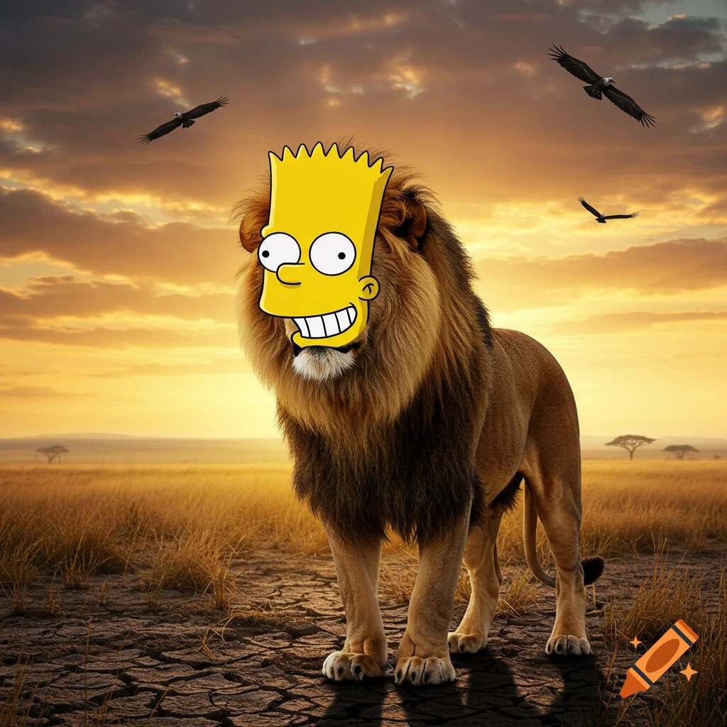 A majestic photorealistic lion with Bart Simpson's cartoon head stands in a savanna at sunset, with two eagles flying in the sky.
