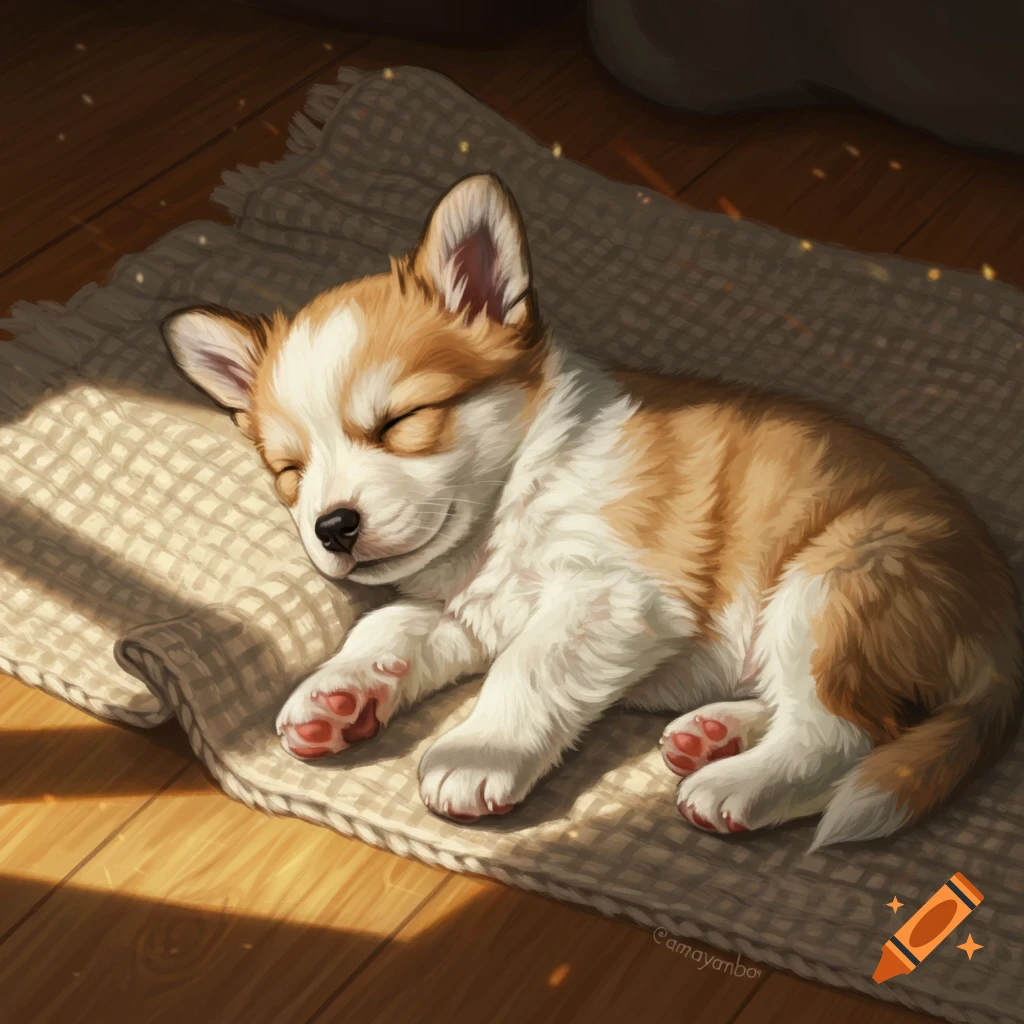 Cute illustrated Corgi puppy sleeping on a blanket in a sunbeam on a wooden floor.